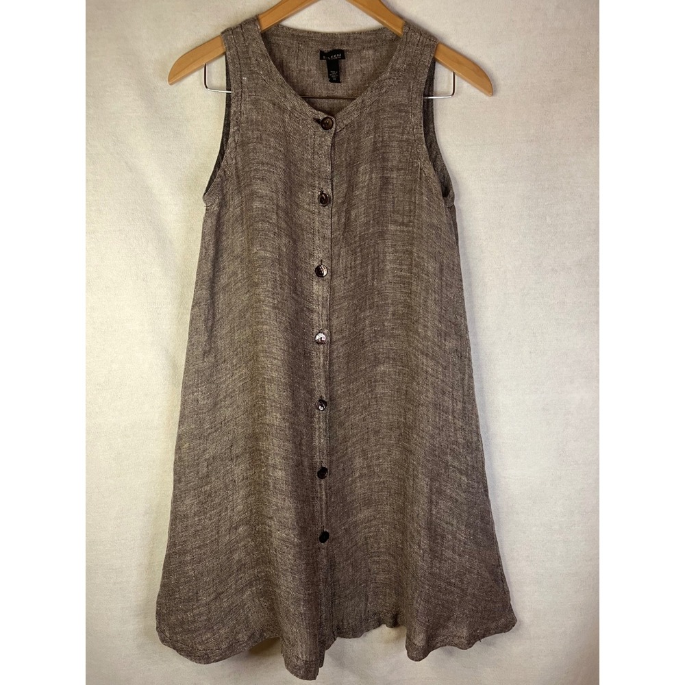 Eileen Fisher 100% linen brown sleeveless button up tunic dress top XS lagenlook